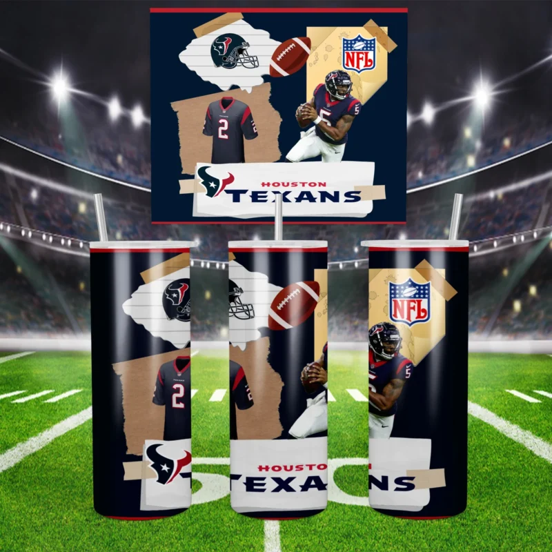 A 20 oz skinny tumbler wrap for Houston Texans fans: a torn paper collage of players, a helmet, a football, the NFL shield. Sublimation design