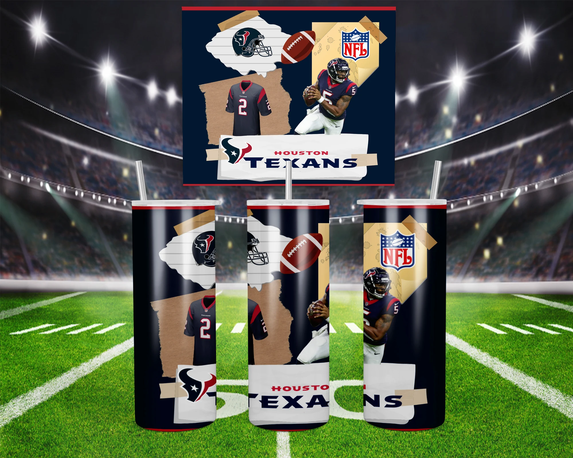 A 20 oz skinny tumbler wrap for Houston Texans fans: a torn paper collage of players, a helmet, a football, the NFL shield. Sublimation design