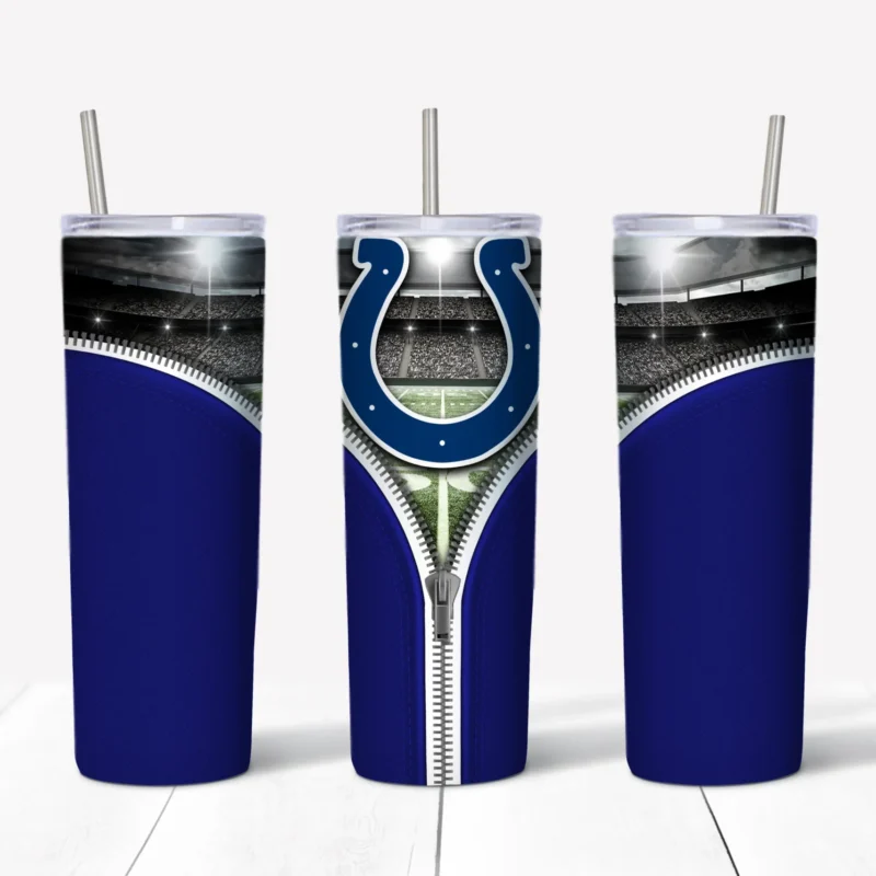 A 20 oz skinny tumbler wrap for Indianapolis Colts fans: a royal blue background with an open zipper revealing the horseshoe logo. Sublimation design