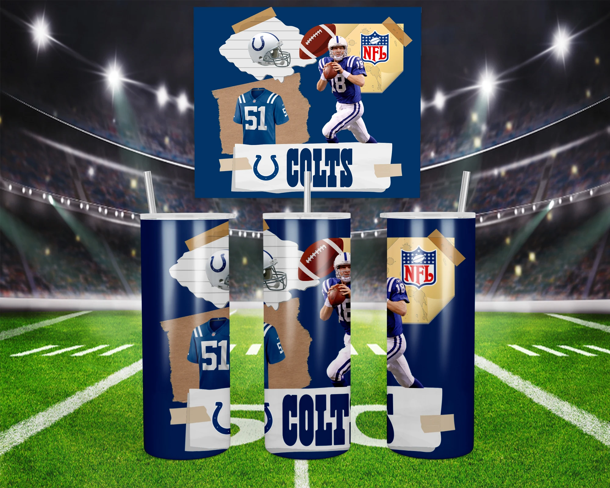 A 20 oz skinny tumbler wrap for Indianapolis Colts fans: a torn paper collage of players, a helmet, a football, the NFL shield. Sublimation design
