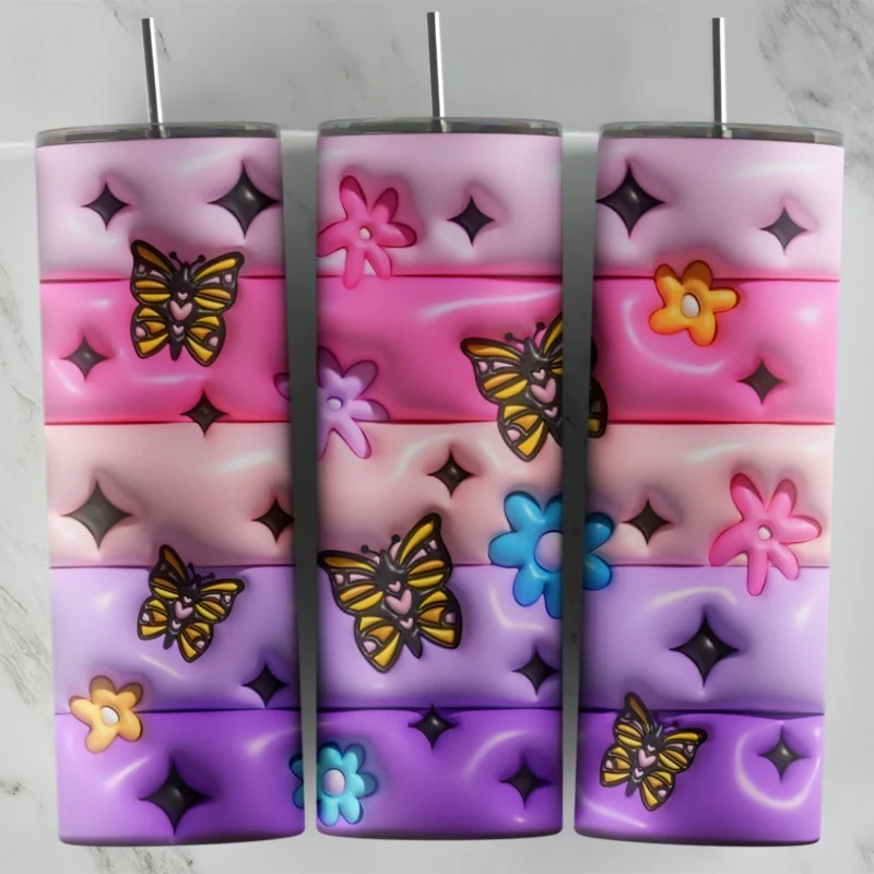 A full 20 oz skinny tumbler wrap in puffy 3D inflated style: pink and lilac quilted stripes with small yellow butterflies. Sublimation design