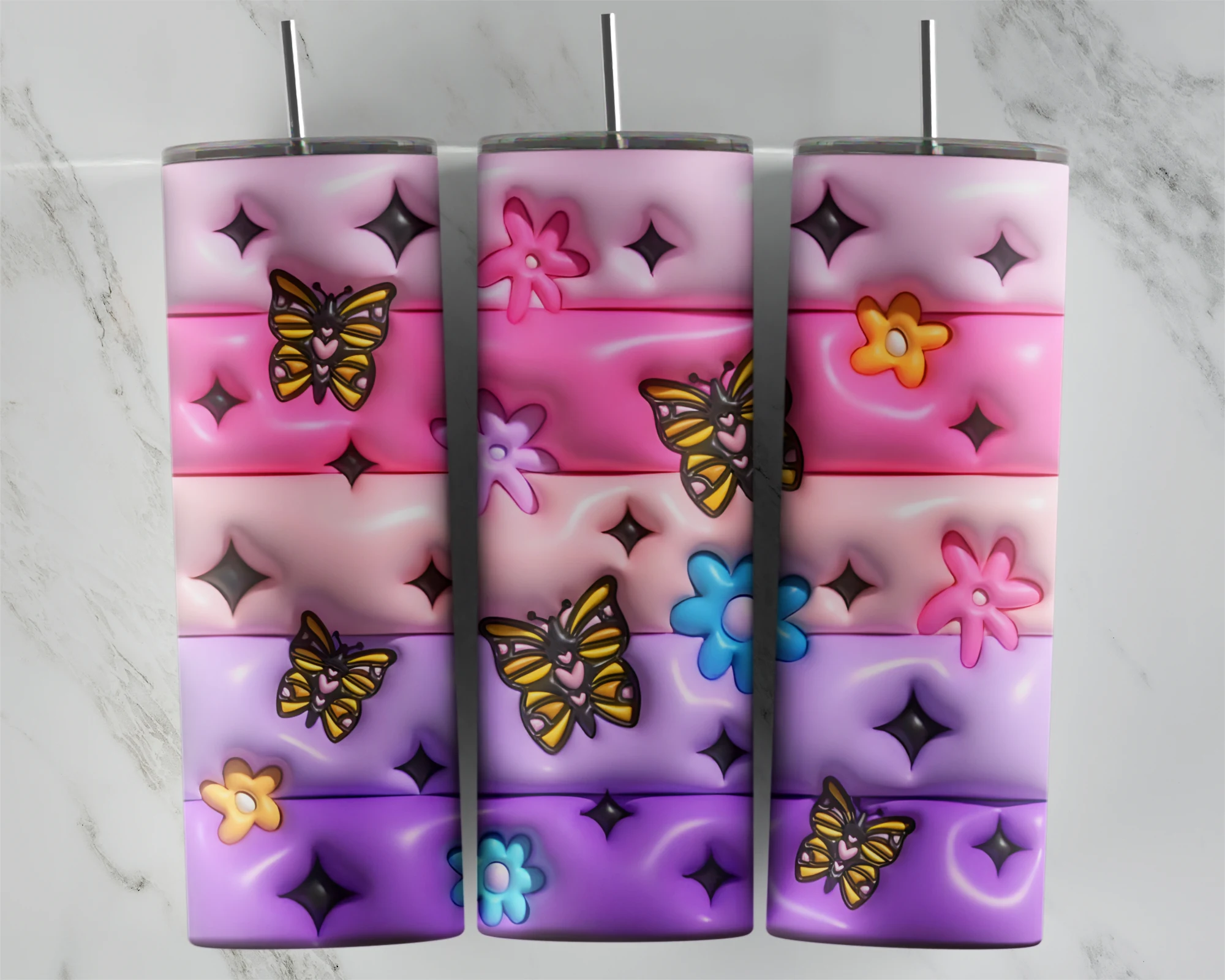 A full 20 oz skinny tumbler wrap in puffy 3D inflated style: pink and lilac quilted stripes with small yellow butterflies. Sublimation design