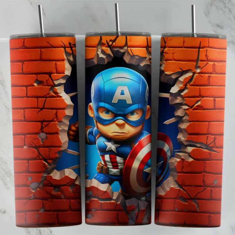 A full 20 oz skinny tumbler wrap in 3D style with a chibi Captain America and his shield breaking through an orange brick wall. Sublimation design