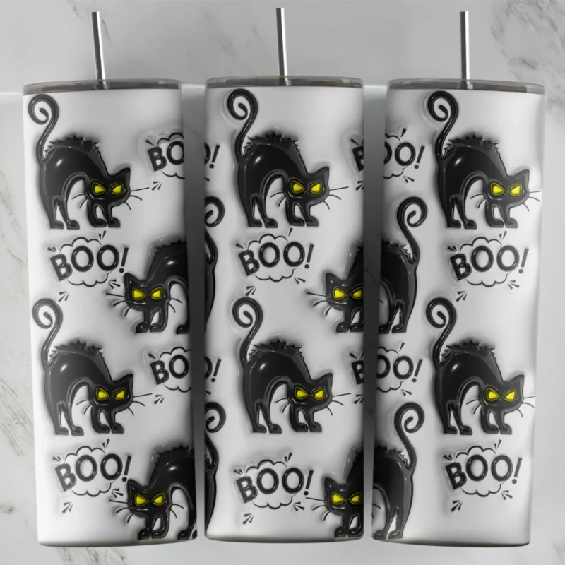 A full 20 oz skinny tumbler wrap in puffy 3D style with a pattern of black cats with arched backs, yellow eyes and Boo speech. Sublimation design