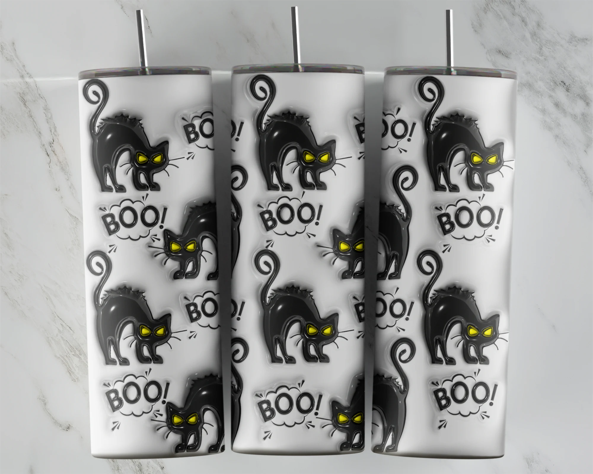 A full 20 oz skinny tumbler wrap in puffy 3D style with a pattern of black cats with arched backs, yellow eyes and Boo speech. Sublimation design