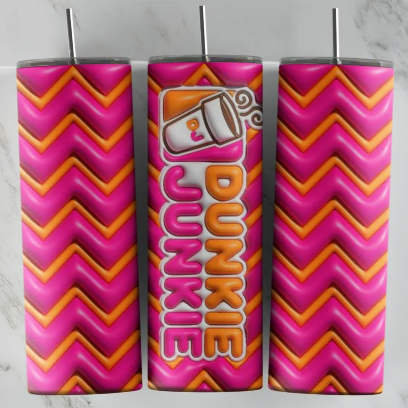 A full 20 oz skinny tumbler wrap in puffy 3D style with a pink and orange zigzag chevron pattern, a coffee cup and Dunkie Junkie. Sublimation design
