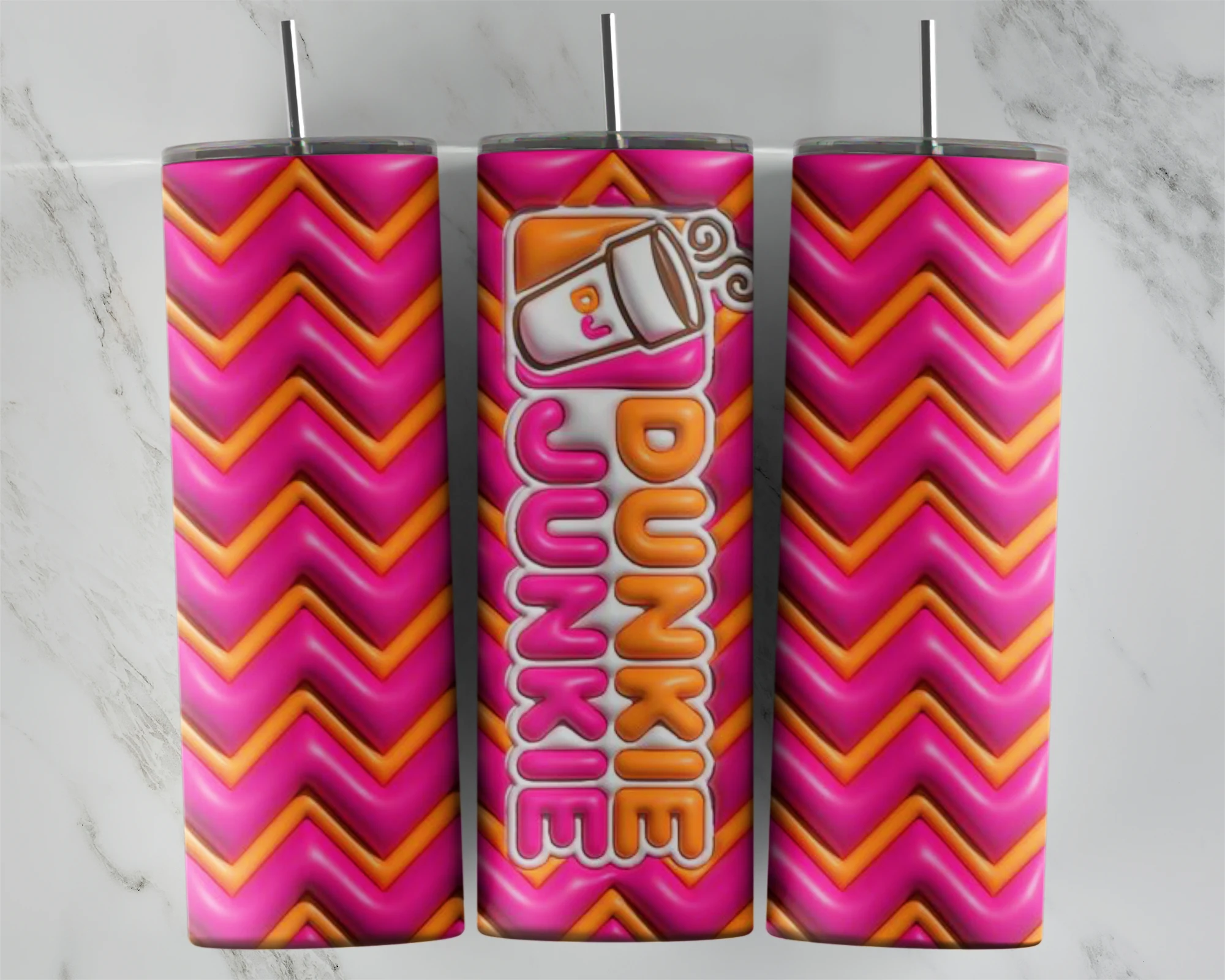 A full 20 oz skinny tumbler wrap in puffy 3D style with a pink and orange zigzag chevron pattern, a coffee cup and Dunkie Junkie. Sublimation design