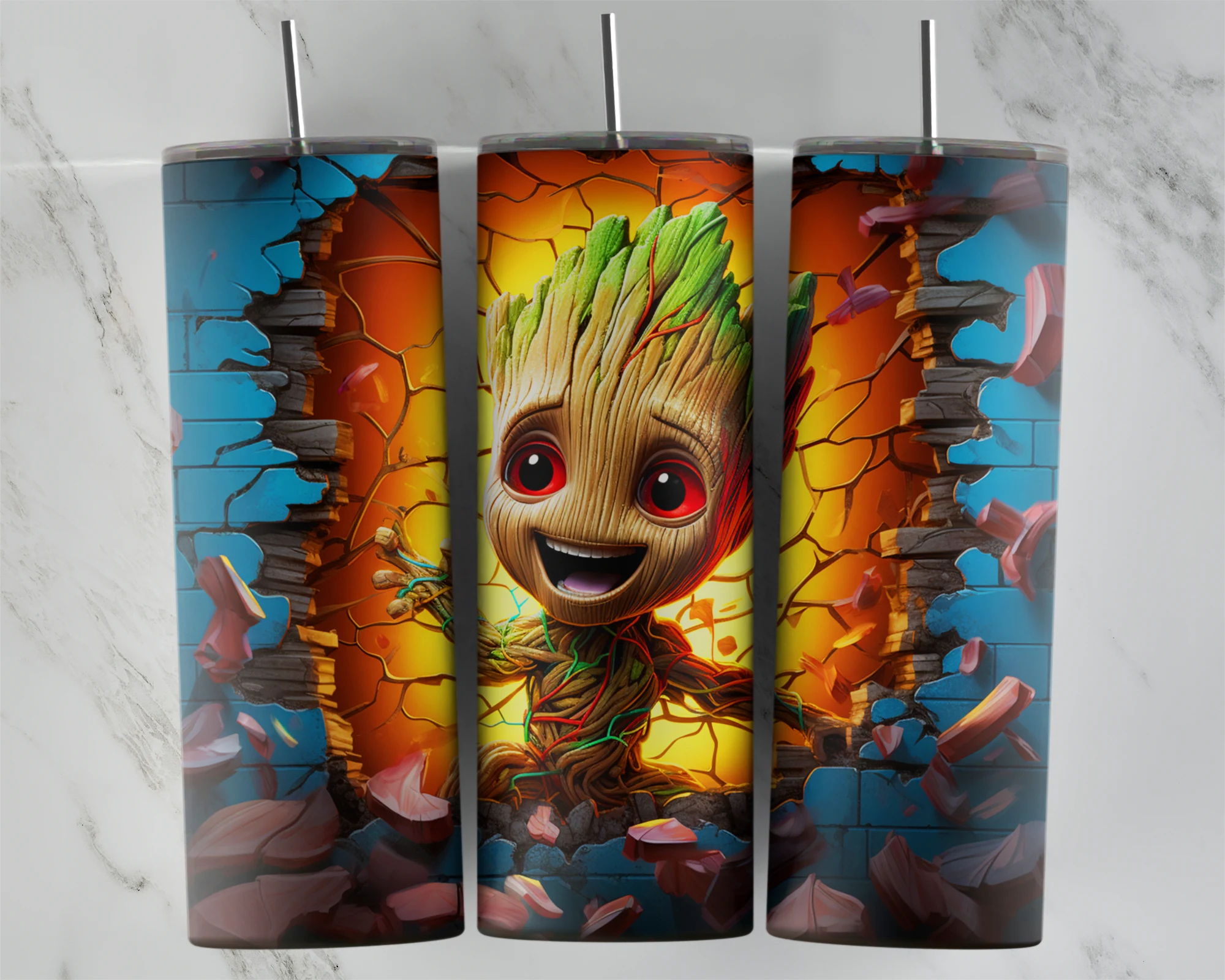 A full 20 oz skinny tumbler wrap in 3D style with a grinning Baby Groot bursting from a cracked blue wall into a glowing orange. Sublimation design