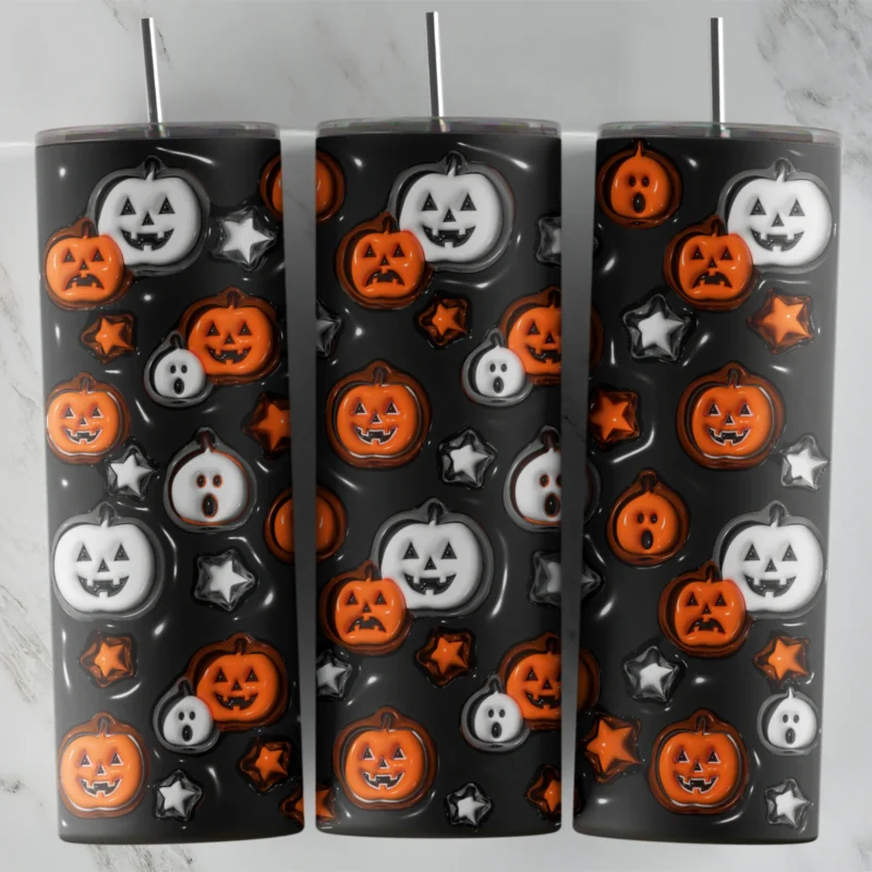 A puffy 3D style black Halloween tumbler wrap covered in orange and white jack o lantern faces with small stars. Sublimation design