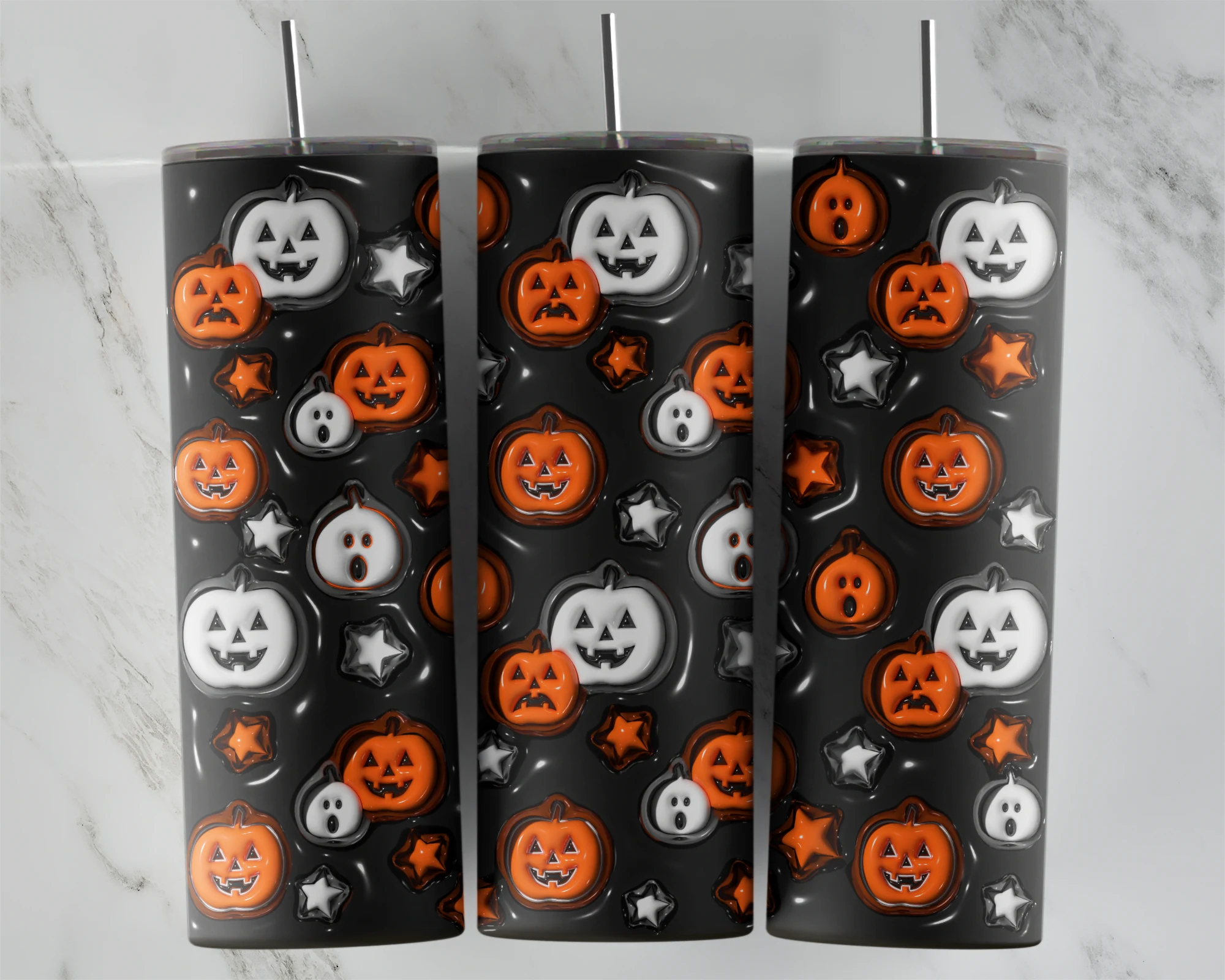 A puffy 3D style black Halloween tumbler wrap covered in orange and white jack o lantern faces with small stars. Sublimation design