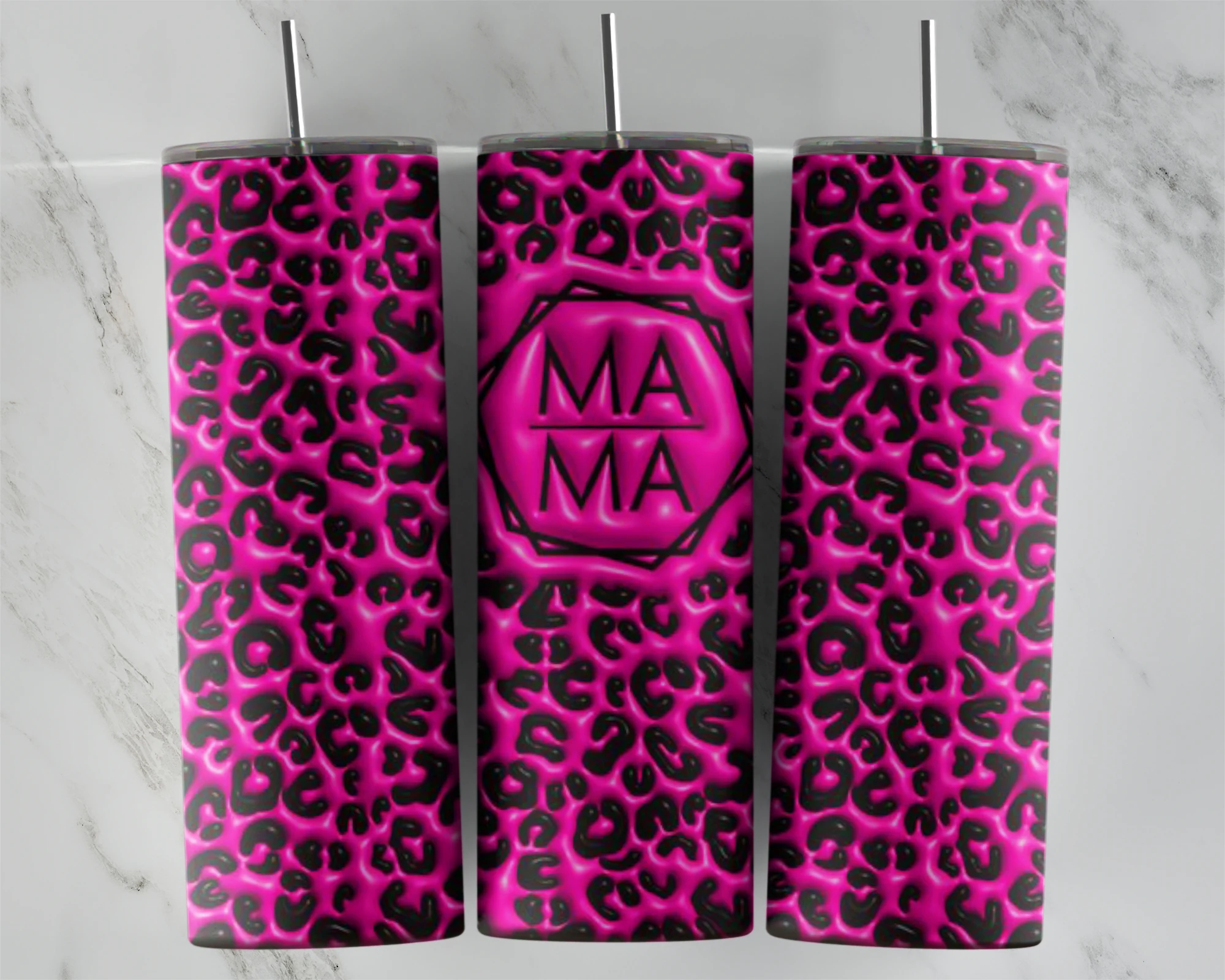20 Oz 3D Inflated Leopard Mama Hot Pink Hexagon Tumbler Cup Design