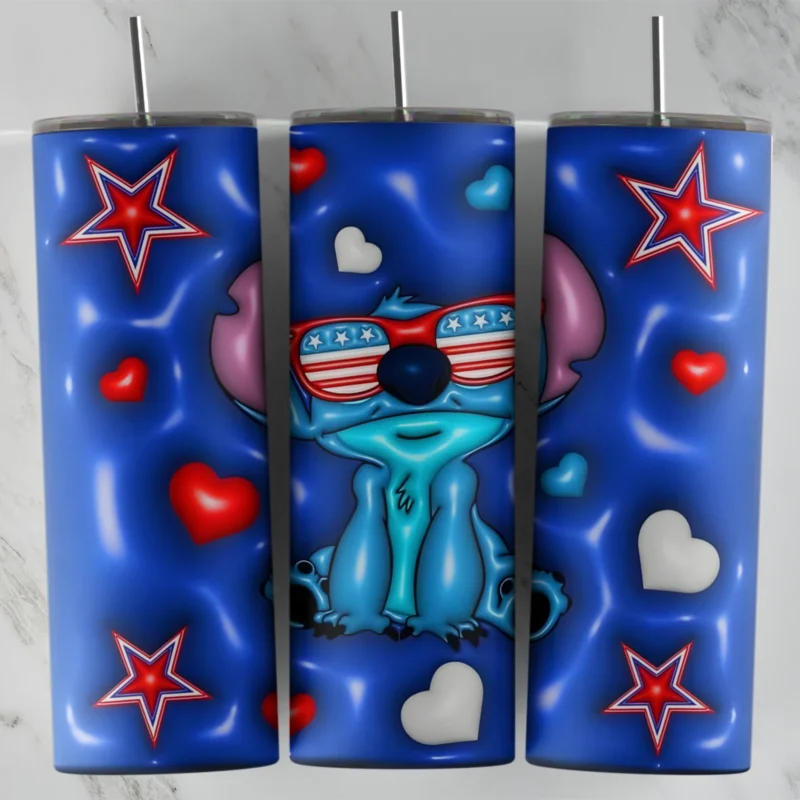 20 Oz 3D Inflated Lilo Stitch 6 Tumbler Cup Design