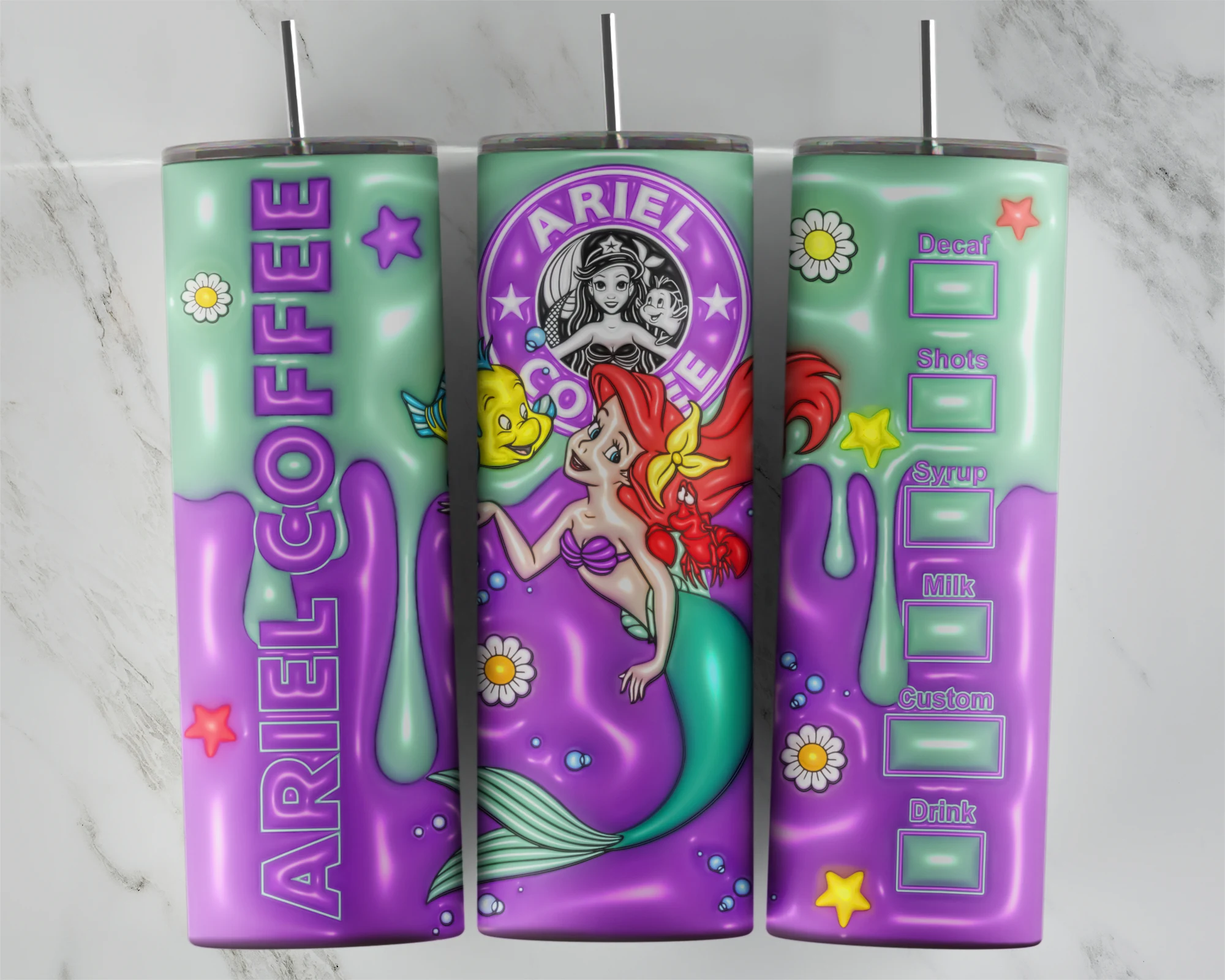 3D Inflated Little Mermaid 5 20 oz tumbler sublimation wrap