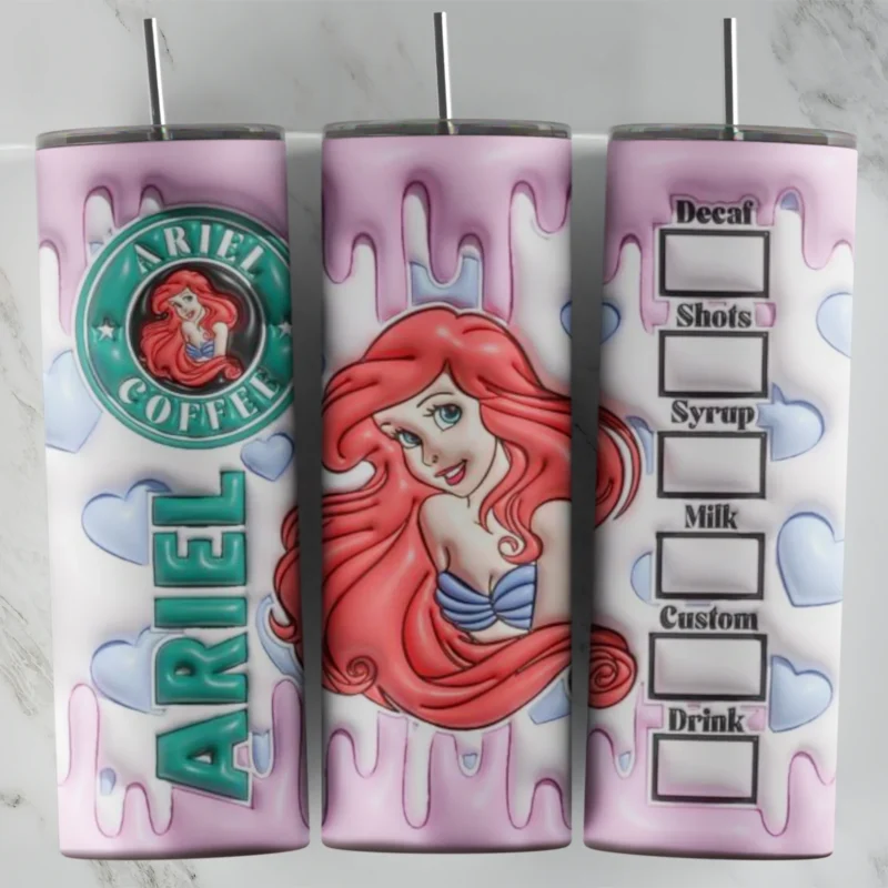 A full 20 oz skinny tumbler wrap in puffy 3D style on pink with an Ariel Coffee badge, Ariel lettering, a drip top and a coffee. Sublimation design