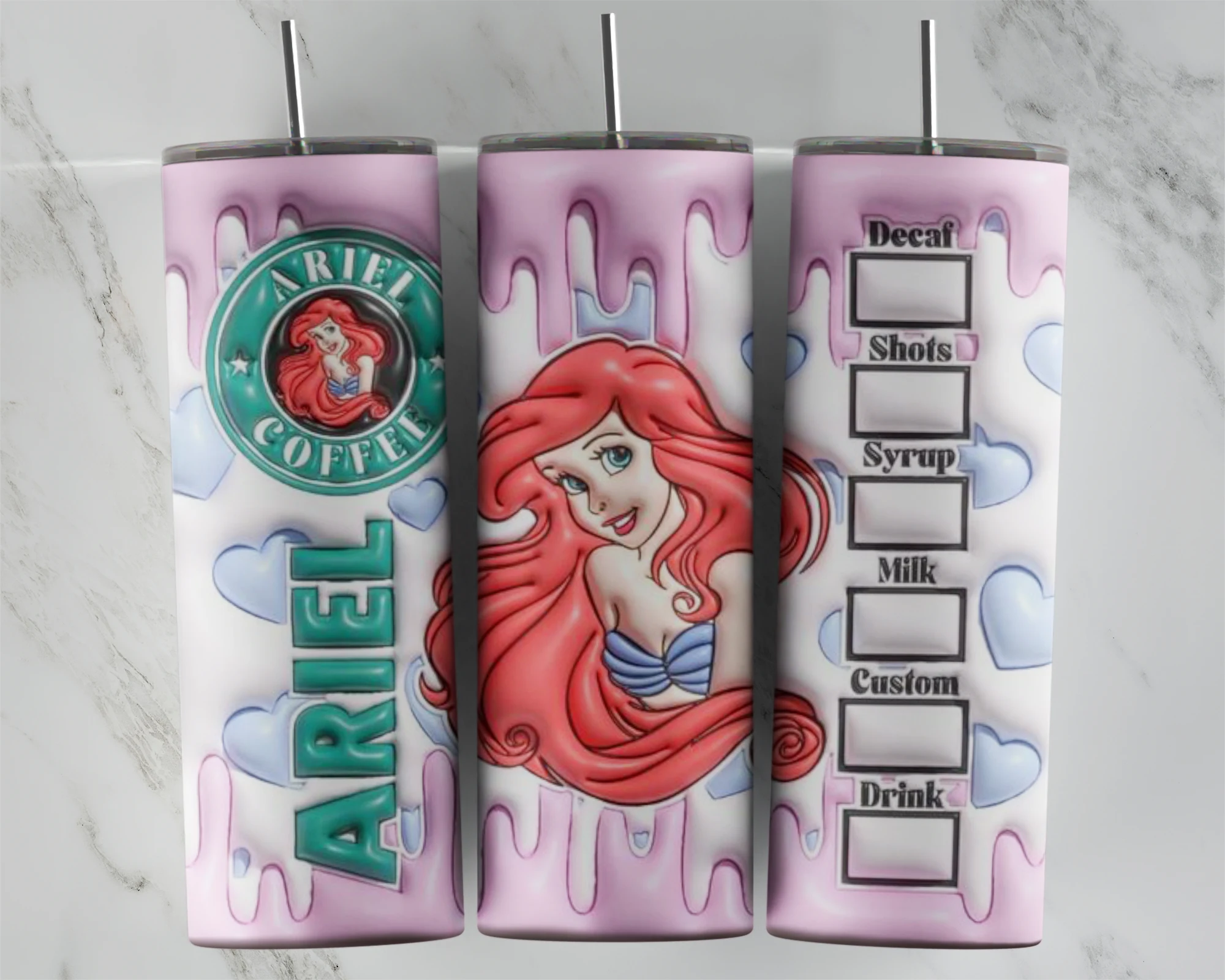 A full 20 oz skinny tumbler wrap in puffy 3D style on pink with an Ariel Coffee badge, Ariel lettering, a drip top and a coffee. Sublimation design
