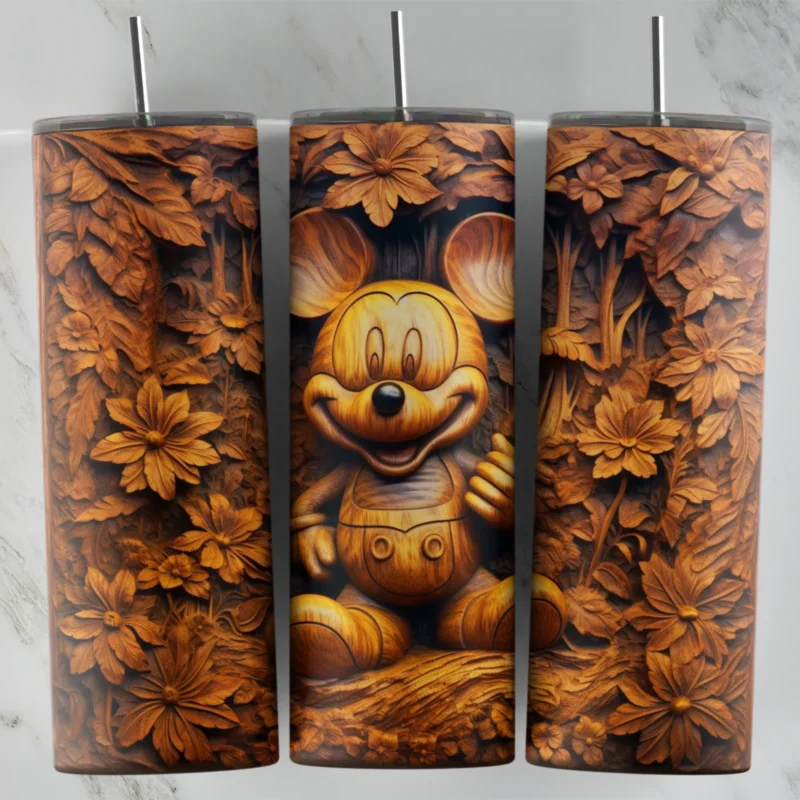A tumbler wrap with Mickey Mouse sculpted as a warm carved wood relief among carved leaves and flowers in golden brown tones. Sublimation design