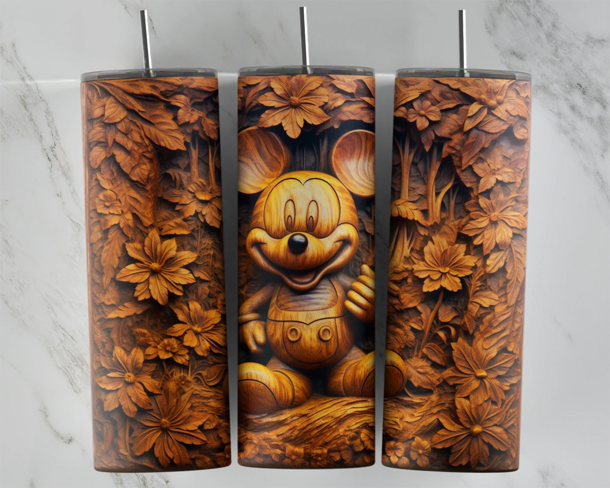 A tumbler wrap with Mickey Mouse sculpted as a warm carved wood relief among carved leaves and flowers in golden brown tones. Sublimation design