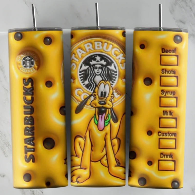 A full 20 oz skinny tumbler wrap in puffy 3D inflated style: yellow with brown dots, Pluto sitting in a Starbucks style logo. Sublimation design