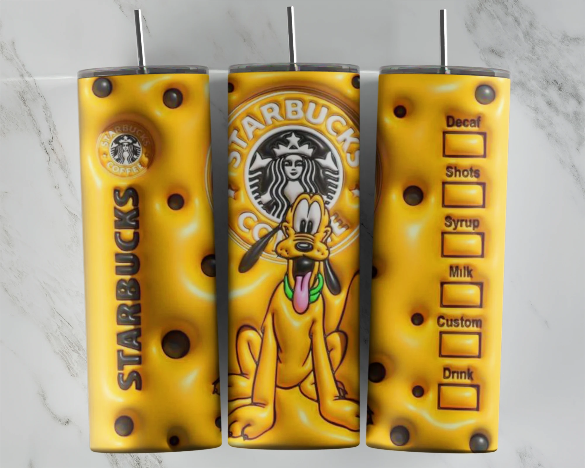 A full 20 oz skinny tumbler wrap in puffy 3D inflated style: yellow with brown dots, Pluto sitting in a Starbucks style logo. Sublimation design