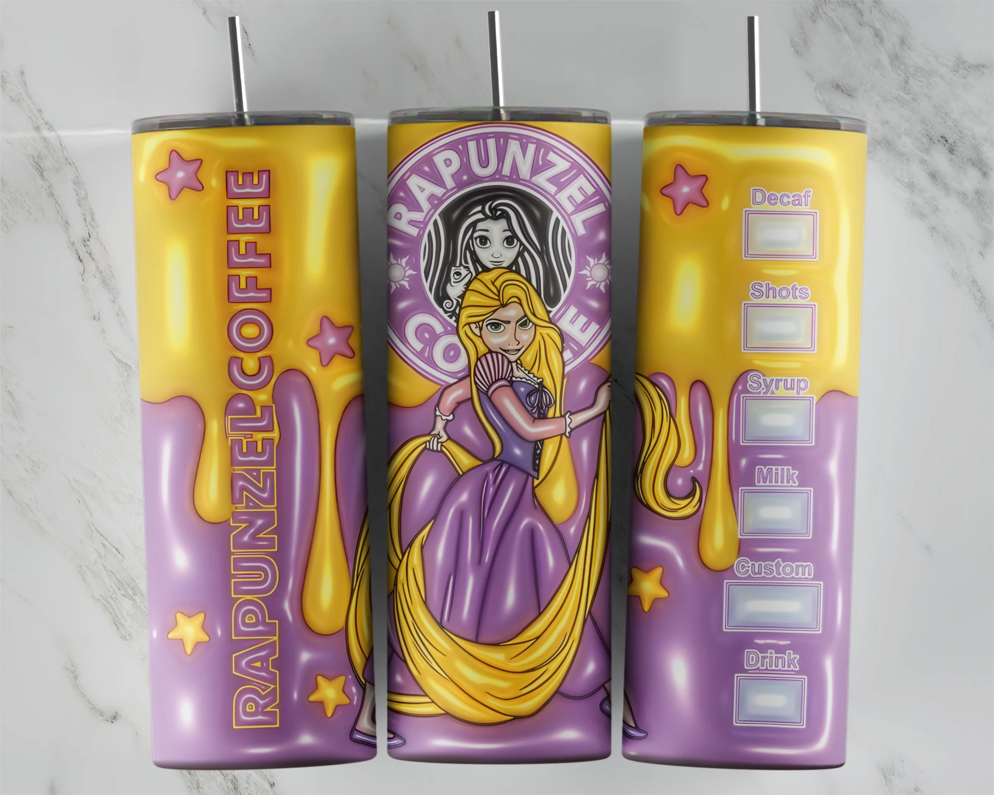 A full 20 oz skinny tumbler wrap in puffy 3D style with Rapunzel in purple, a Rapunzel Coffee badge, Rapunzel Coffee lettering. Sublimation design