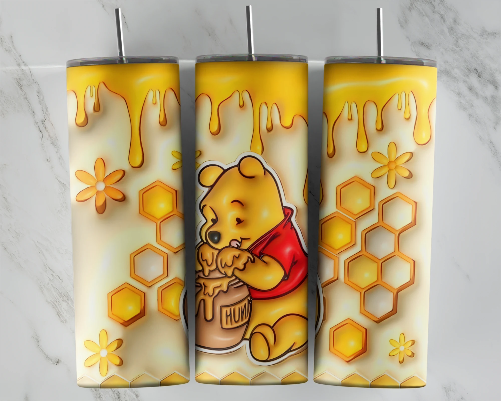 A full 20 oz skinny tumbler wrap in a 3D inflated style: Pooh with his Hunny pot, dripping honey, honeycomb cells and yellow. Sublimation design