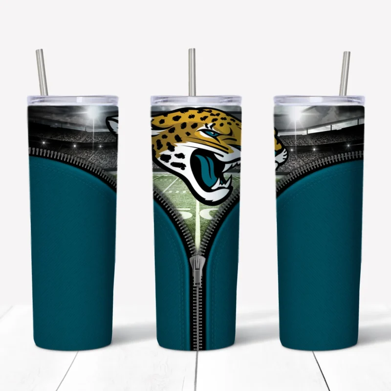 A 20 oz skinny tumbler wrap for Jacksonville Jaguars fans: a teal background with an open zipper revealing the jaguar head logo. Sublimation design