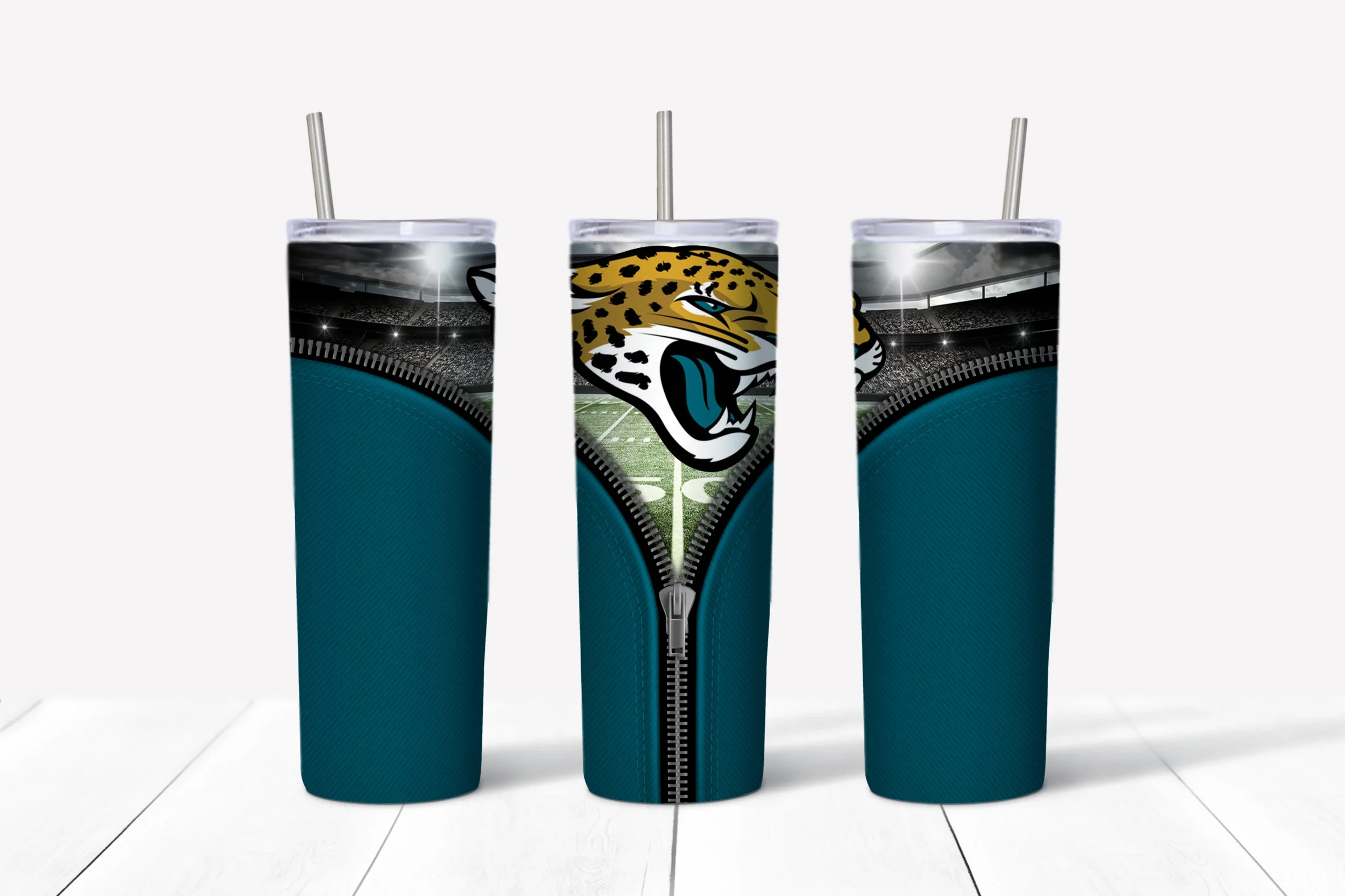A 20 oz skinny tumbler wrap for Jacksonville Jaguars fans: a teal background with an open zipper revealing the jaguar head logo. Sublimation design