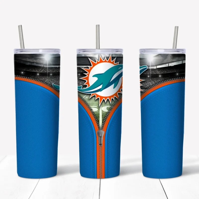 A 20 oz skinny tumbler wrap for Miami Dolphins fans: a blue background with an orange trim and an open zipper revealing. Sublimation design