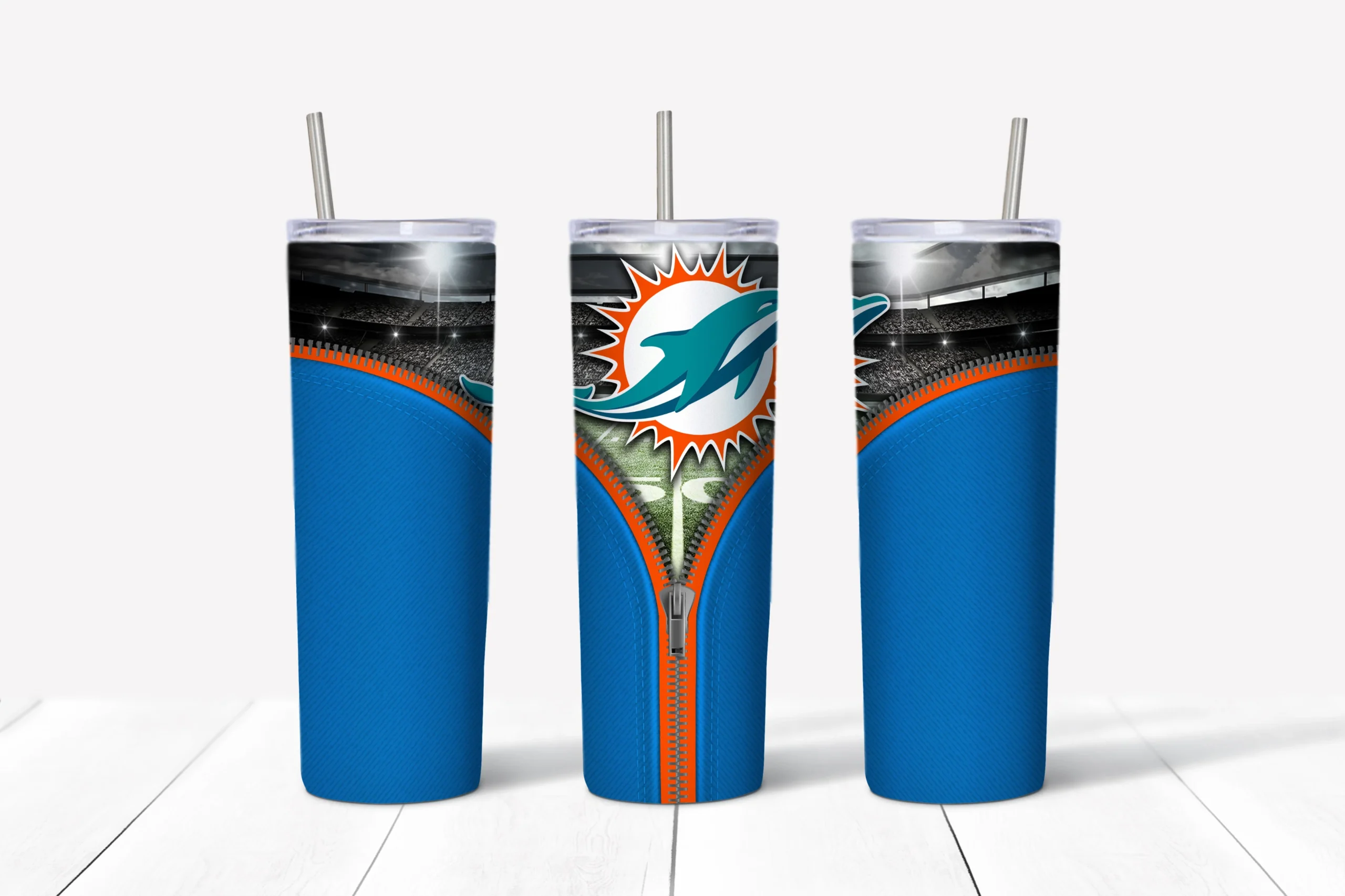 A 20 oz skinny tumbler wrap for Miami Dolphins fans: a blue background with an orange trim and an open zipper revealing. Sublimation design