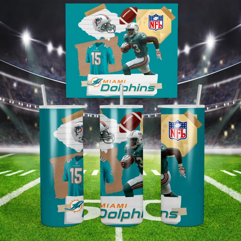 A 20 oz skinny tumbler wrap for Miami Dolphins fans: a torn paper collage of players, a helmet, a football, the NFL shield. Sublimation design