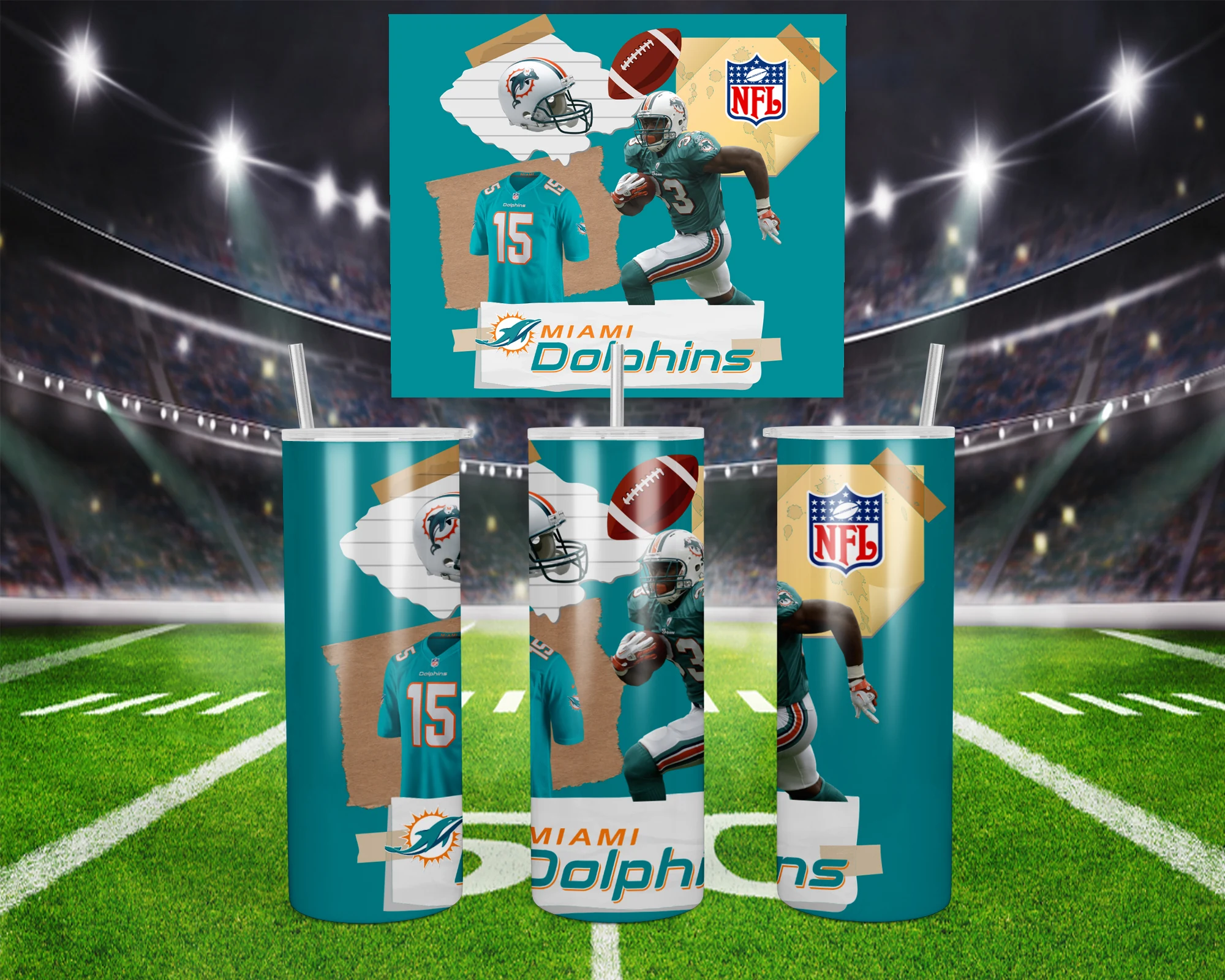 A 20 oz skinny tumbler wrap for Miami Dolphins fans: a torn paper collage of players, a helmet, a football, the NFL shield. Sublimation design