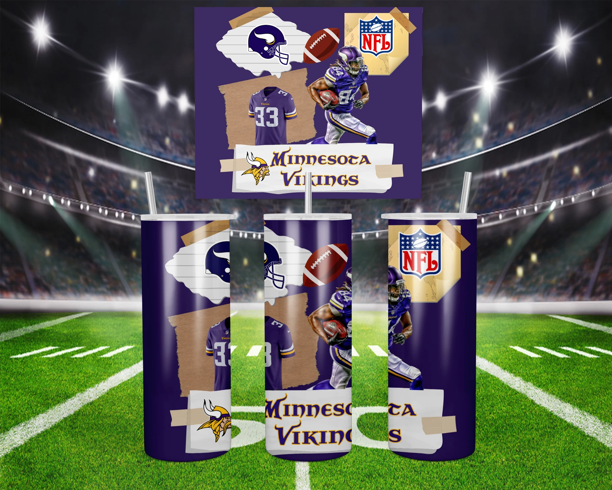 3D Minnesota Vikings 20 oz tumbler sublimation wrap