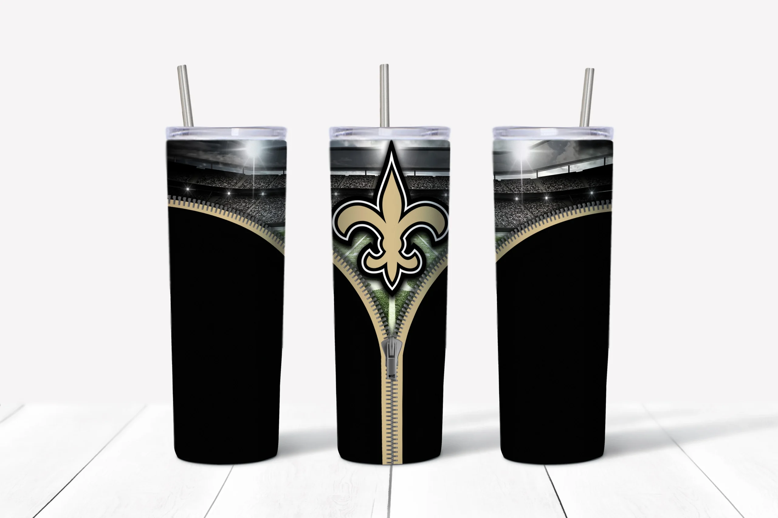 A 20 oz skinny tumbler wrap for New Orleans Saints fans: a black background with an open zipper revealing the gold fleur de lis. Sublimation design