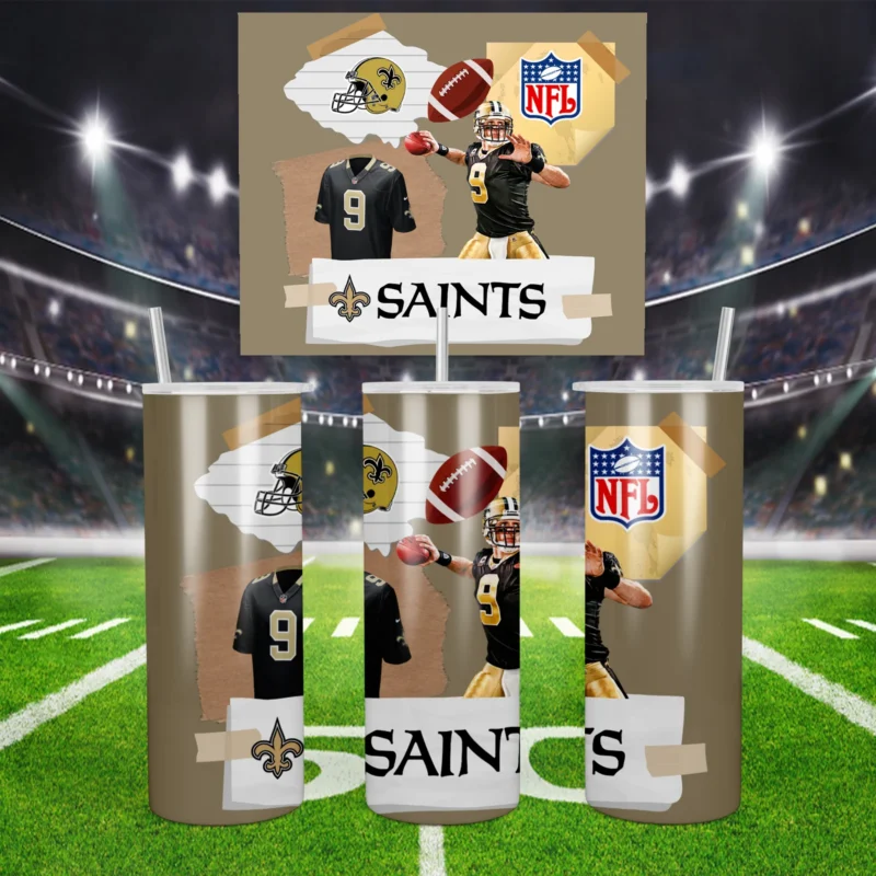 A 20 oz skinny tumbler wrap for New Orleans Saints fans: a torn paper collage of players, a helmet, a football, the NFL shield. Sublimation design