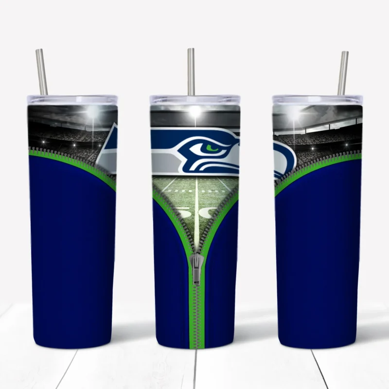 A 20 oz skinny tumbler wrap for Seattle Seahawks fans: a navy background with green trim and an open zipper revealing. Sublimation design