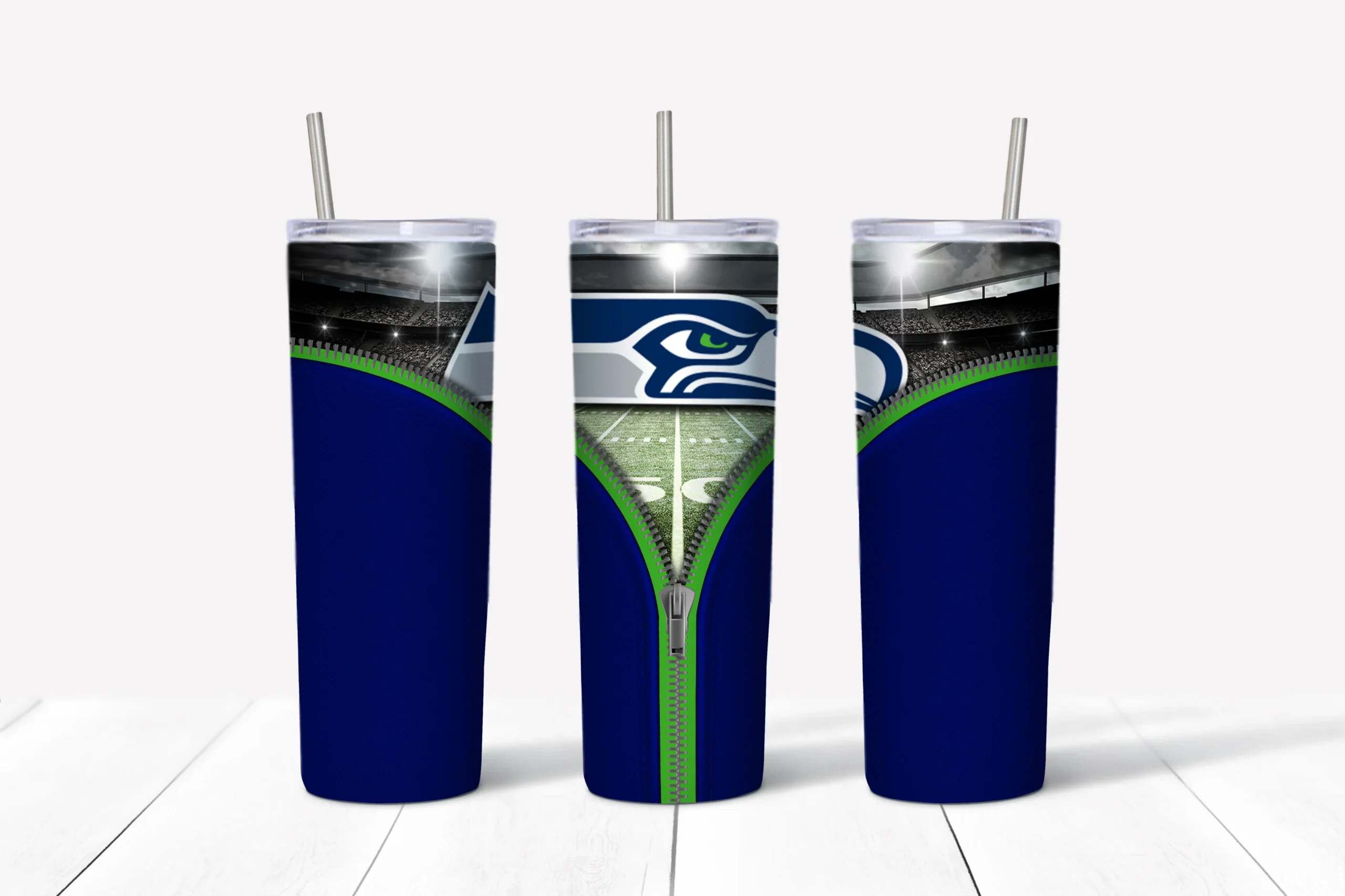 A 20 oz skinny tumbler wrap for Seattle Seahawks fans: a navy background with green trim and an open zipper revealing. Sublimation design