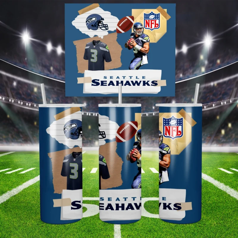 A 20 oz skinny tumbler wrap for Seattle Seahawks fans: a torn paper collage of players, a helmet, a football, the NFL shield. Sublimation design
