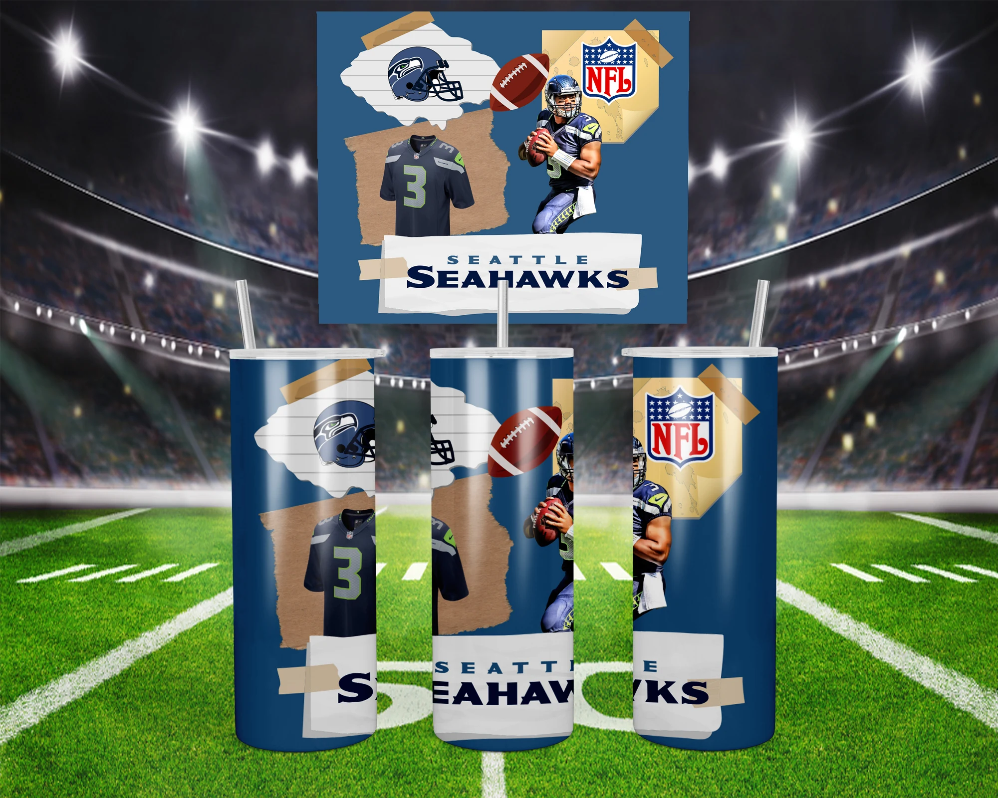 A 20 oz skinny tumbler wrap for Seattle Seahawks fans: a torn paper collage of players, a helmet, a football, the NFL shield. Sublimation design