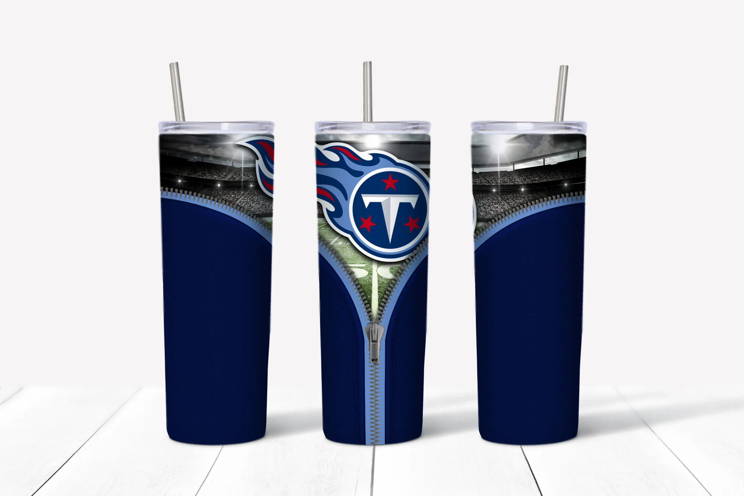 A 20 oz skinny tumbler wrap for Tennessee Titans fans: a navy background with an open zipper revealing the Titans logo. Sublimation design