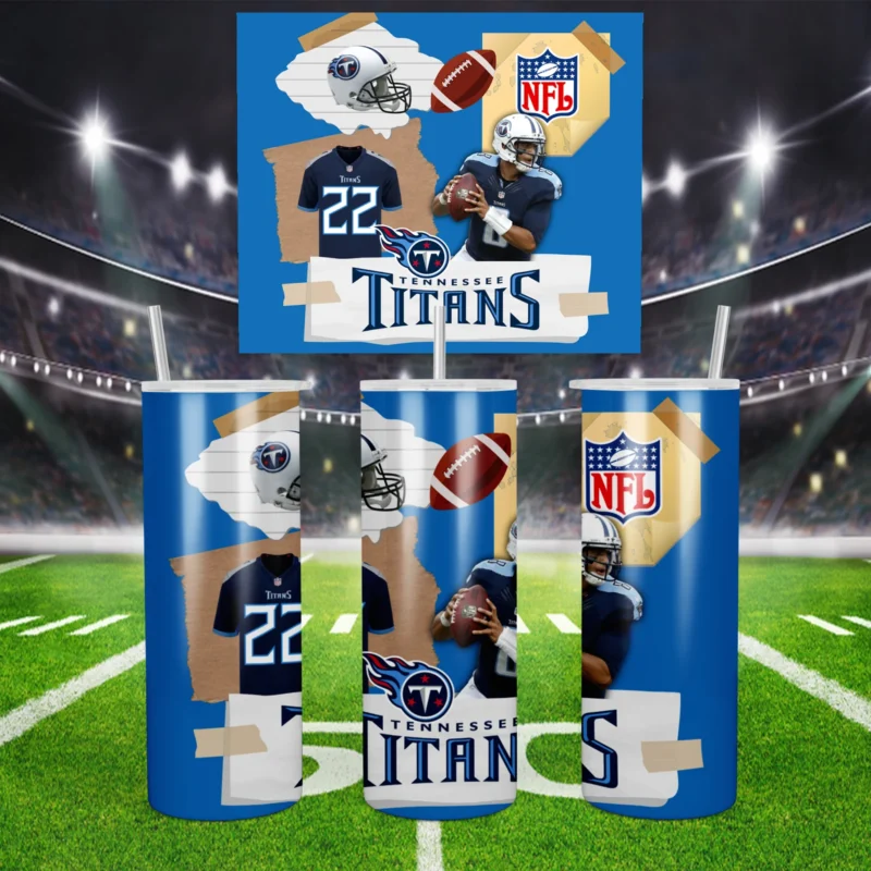 A 20 oz skinny tumbler wrap for Tennessee Titans fans: a torn paper collage of players, a helmet, a football, the NFL shield. Sublimation design