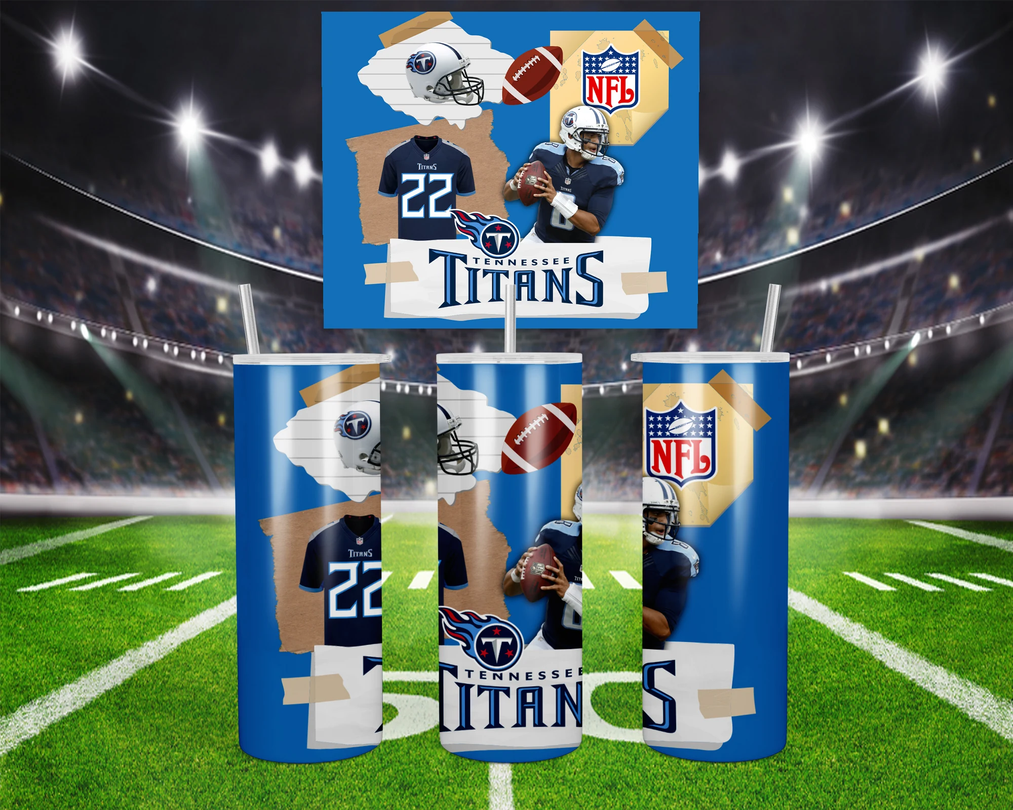 A 20 oz skinny tumbler wrap for Tennessee Titans fans: a torn paper collage of players, a helmet, a football, the NFL shield. Sublimation design