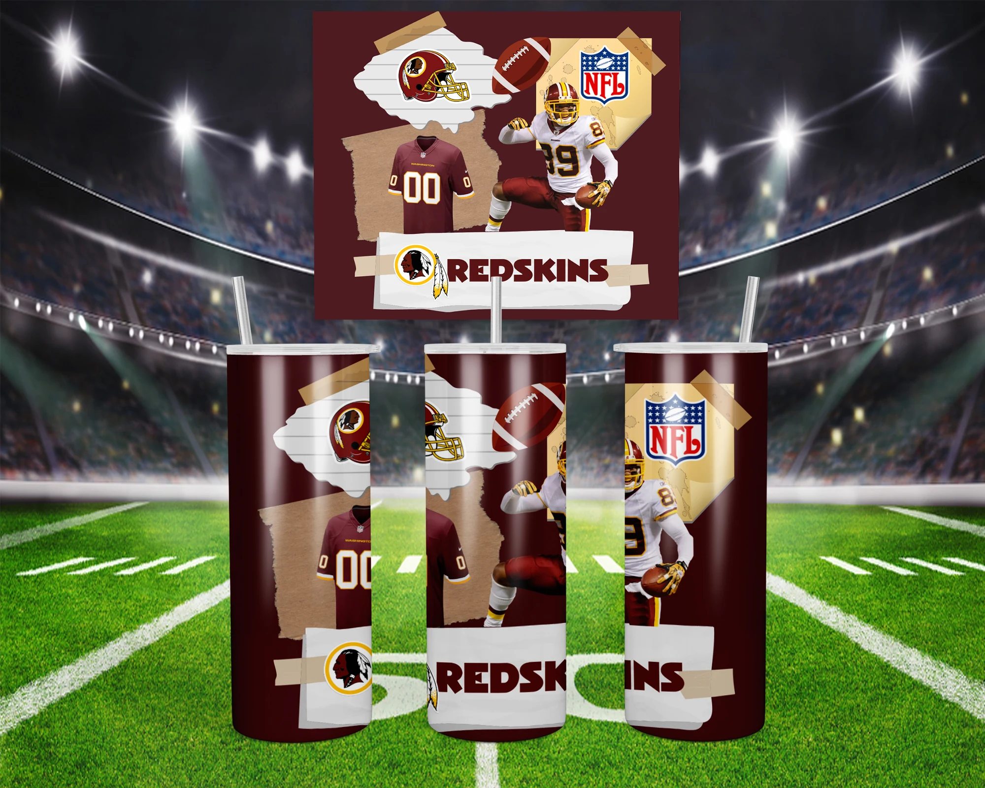 3D Washington Redskins 20 oz tumbler sublimation wrap