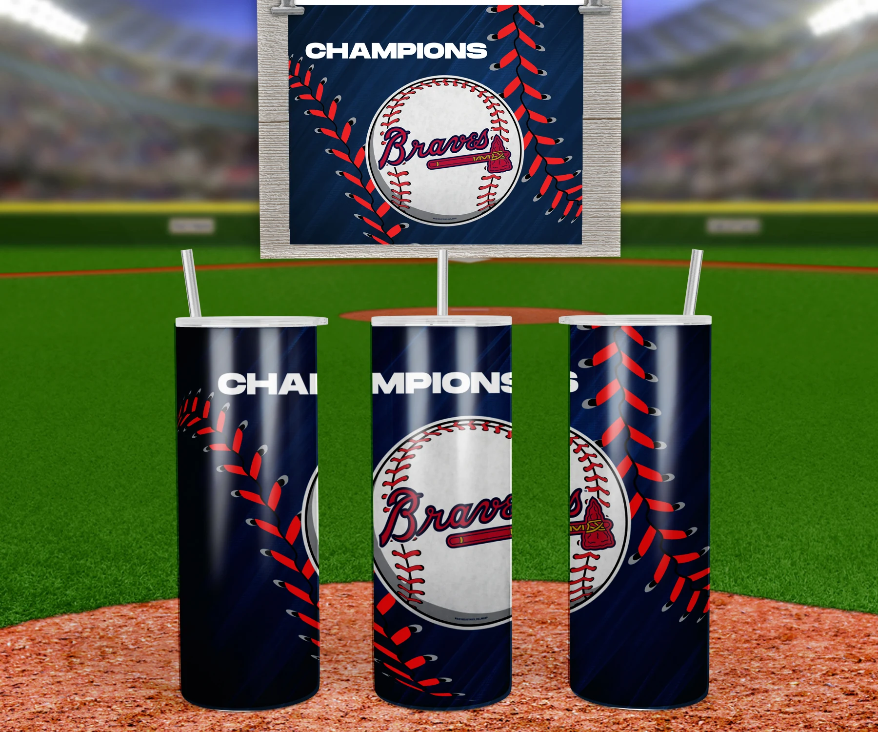 A 20 oz skinny tumbler wrap with Champions lettering and a baseball with the Braves script logo on navy, with red stitching along. Sublimation design