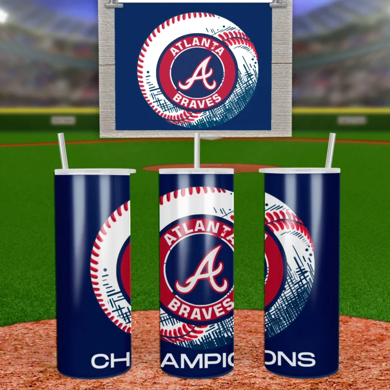A 20 oz skinny tumbler wrap with the round Atlanta Braves A logo on a distressed baseball and Champions lettering on a navy. Sublimation design