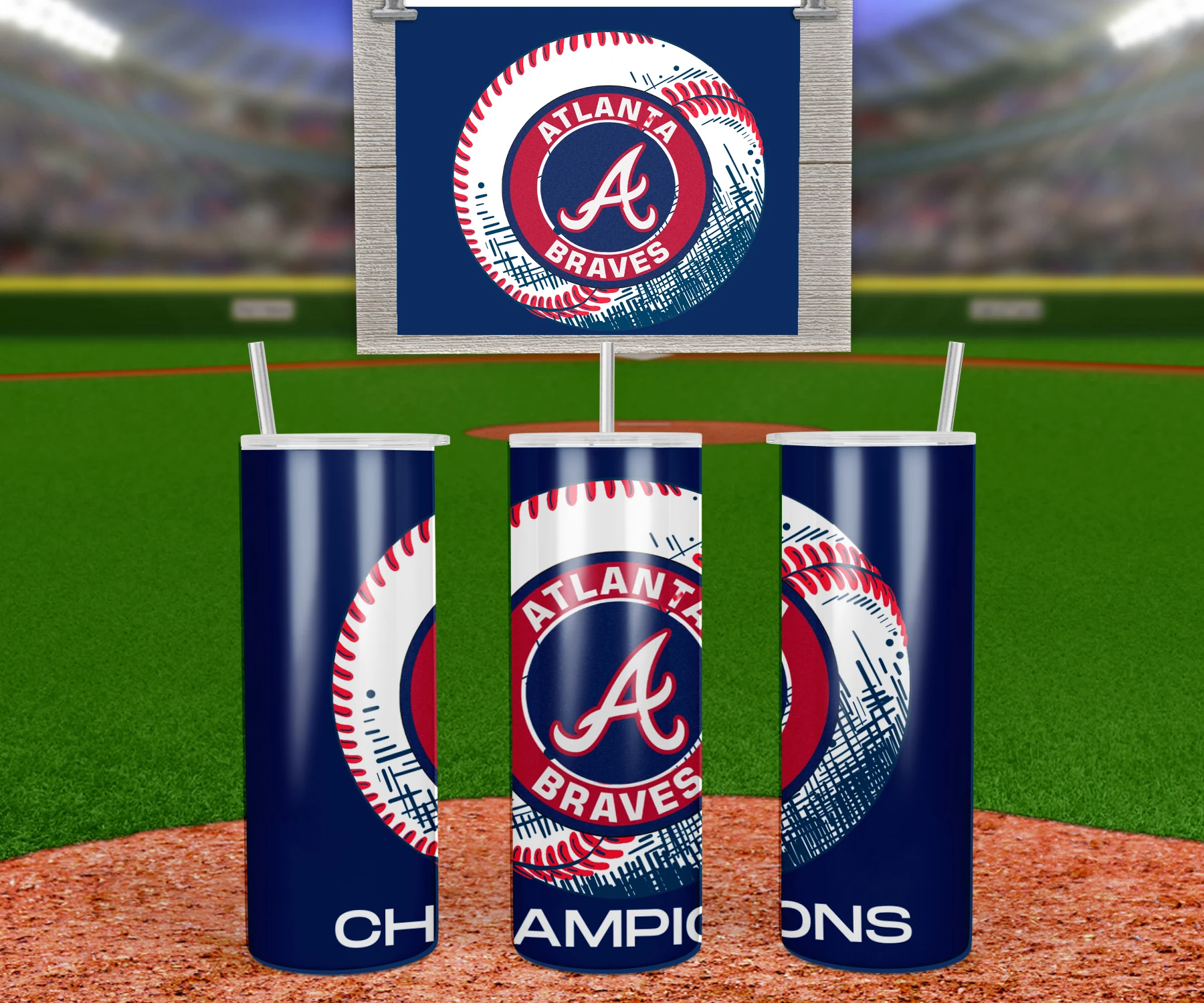 A 20 oz skinny tumbler wrap with the round Atlanta Braves A logo on a distressed baseball and Champions lettering on a navy. Sublimation design