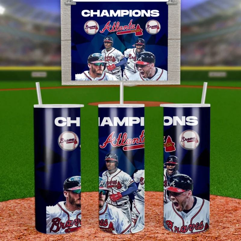 A 20 oz skinny tumbler wrap with Champions lettering, the Atlanta Braves script and tomahawk logos and players celebrating. Sublimation design