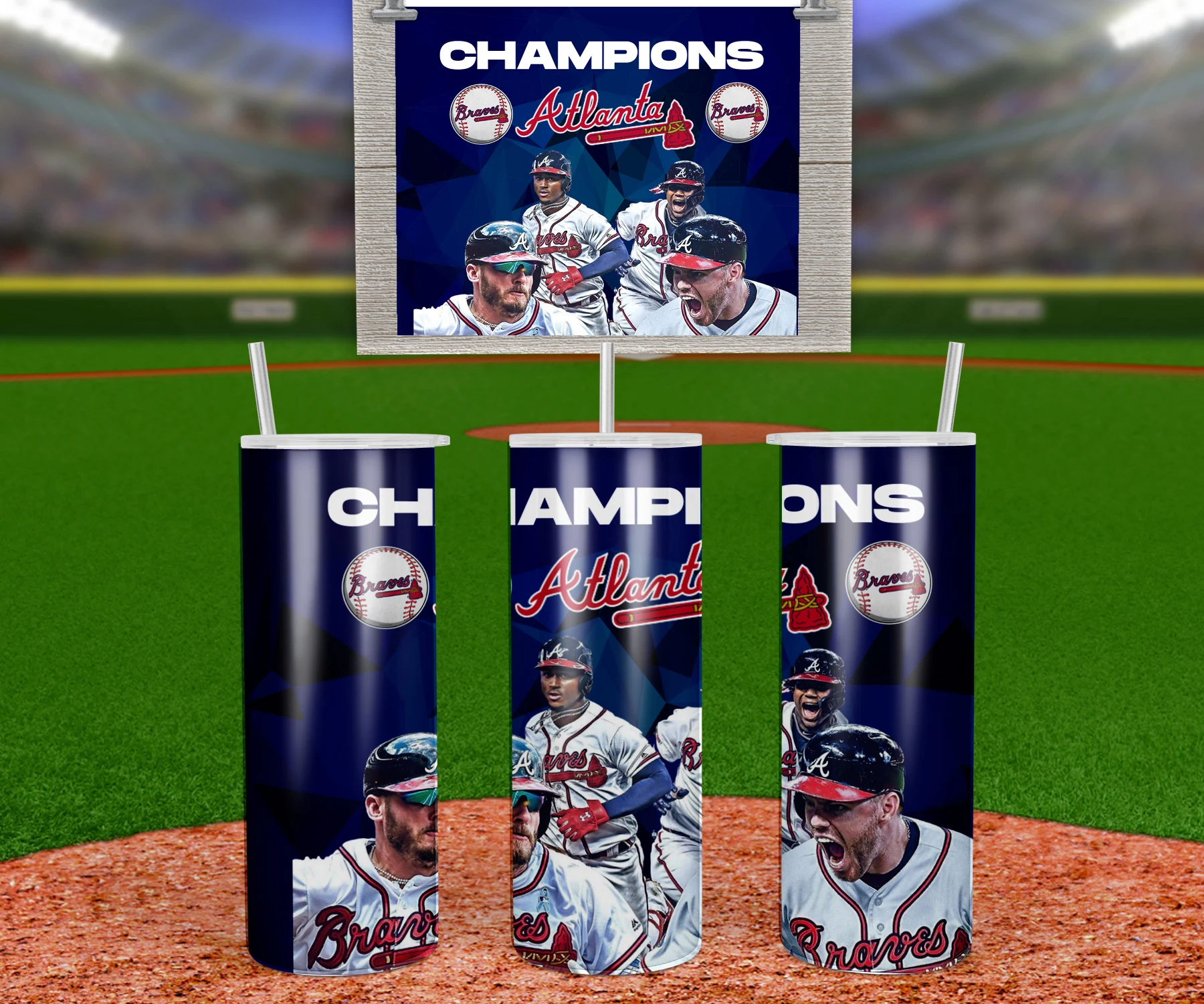 A 20 oz skinny tumbler wrap with Champions lettering, the Atlanta Braves script and tomahawk logos and players celebrating. Sublimation design