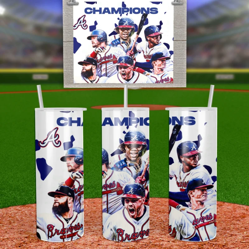 A 20 oz skinny tumbler wrap with Champions lettering, the Braves A logo and players in white home jerseys on a white background. Sublimation design
