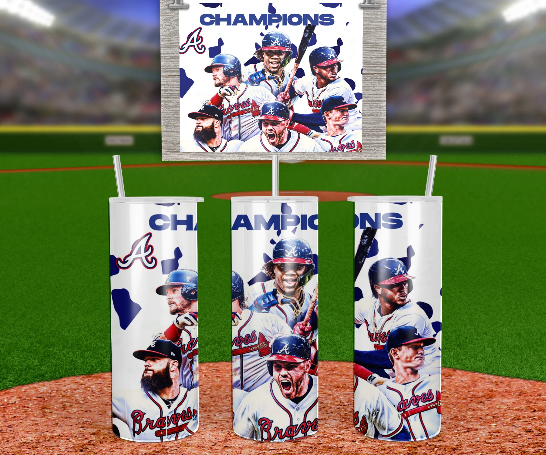 A 20 oz skinny tumbler wrap with Champions lettering, the Braves A logo and players in white home jerseys on a white background. Sublimation design
