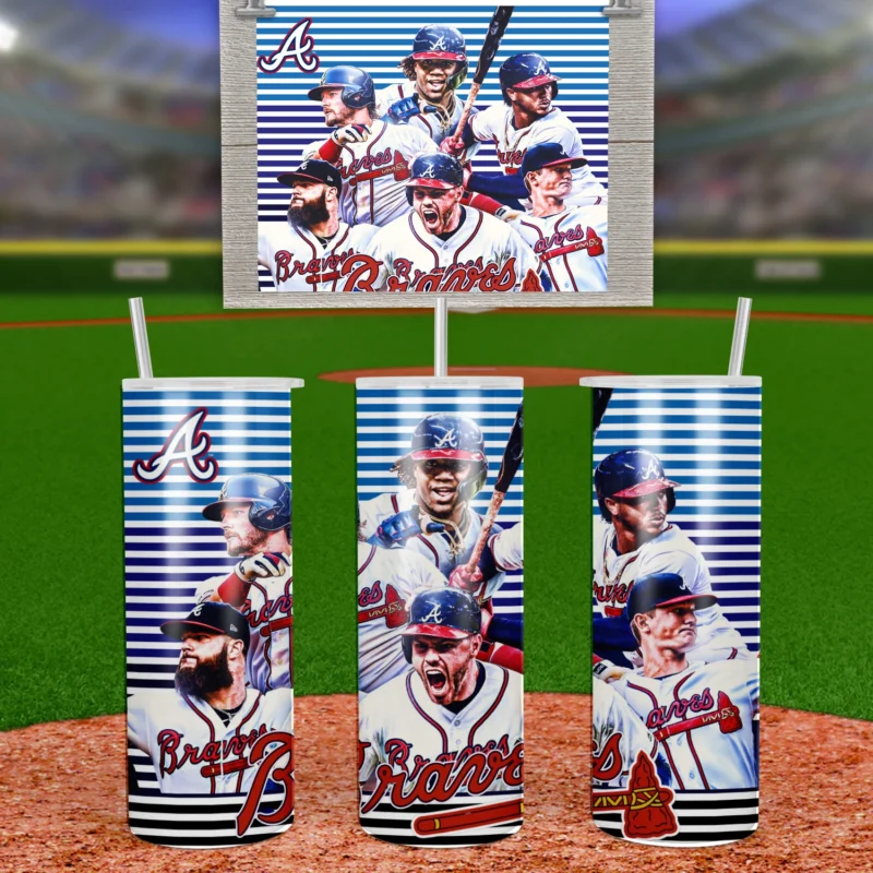A 20 oz skinny tumbler wrap with Atlanta Braves players shouting and celebrating over navy and white horizontal stripes. Sublimation design